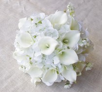 wedding photo - Wedding Bouquet Off White Hydrangeas and Calla Lilies Silk Flower Bride Bouquet - Almost Fresh