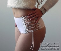 wedding photo - High Waist Lace-up Cheeky Panties /  White Stretch Nylon Hot-Pant with cord / White High Waist High cut Brief  / Rave Short / Sexy Lingerie