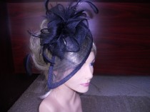 wedding photo - Black fascinator with black feather accents Black sinamay fascinator.