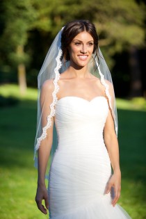 wedding photo - Alencon Lace Veil, fingertip veil, re-embroidered lace veil, lace bridal veil, ivory lace veil, scallop lace veil, bridal accessories