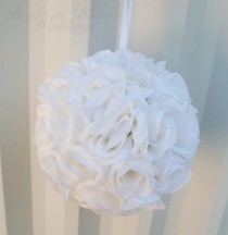 wedding photo - Pomander white rose flower girl kissing ball bridesmaid bouquet wedding decoration