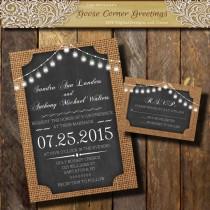 wedding photo -  BURLAP Wedding Invitation// Bell String Lights//Chalkboard//Rustic wedding invitations//Shower//Birthday//Baby Shower