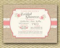 wedding photo - Burlap Lace Floral Bridal Shower Invitation, Printable or Printed, ANY EVENT, Bridal Brunch Coral Peach Blush Pink Mint