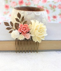 wedding photo - Big Rose Hair Comb Light Yellow Cream Flower Comb Wedding Accessories Shabby Floral Comb Country Chic Bridal Hair Jewelry Bridesmaids Gift