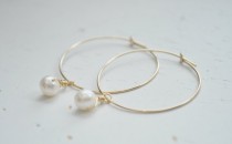 wedding photo - Pearl Drop Hoop Earrings - gold filled hoops freshwater pearls wedding modern minimal sweet gift - simple everyday jewelry - adenandclaire