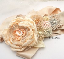 wedding photo - Bridal Sash, Wedding Sash in Soft Peach, Ivory, Champagne, Gold and Blush with Chiffon, Pearls, Crystals and Lace