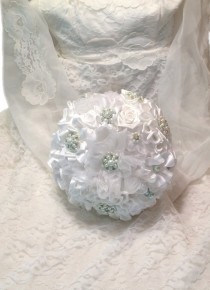 wedding photo -  White pearl and rhinestone brooch and satin ribbon bouquet, White pearl and rhinestone brooch bouquet, White broach and fabric bouquet