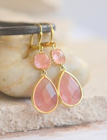 wedding photo - SALE Grapefruit Pink Bridesmaids Earrings in Gold. Dangle Earrings.  Drop. Gift Jewelry. Wedding Jewelry. Bridal Party Gift.