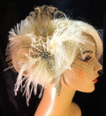 wedding photo - Feather Bridal Fascinator, Feather Fascinator, Bridal Fascinator, Wedding Veil, Fascinator, Ivory/Champagne - Fancy Peacock
