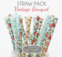 wedding photo - BOUQUET Paper Straws, Party Decor, Teal, Cake Pops, Floral, Vintage, Shabby, Tea Party, Shower, Birthday, Baby Shower, Bridal, Wedding, Baby