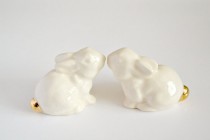 wedding photo - Wedding cake topper bunny rabbits - Wedding cake topper - white bunnies 22K gold platinum tails - pair of wedding date love