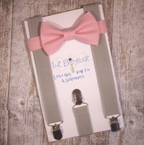 wedding photo - Pink Bow Tie and Grey Suspenders, Toddler Suspenders, Baby Suspenders, Ring Bearer, Petal, Peony, Carnation, Medium Pink