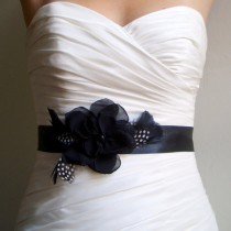 wedding photo - Wedding Belt, Sash, with Polkadot and Black Feathers Wedding Accessories, Black Bridal Sash