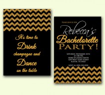 wedding photo - Bachelorette Party Invitation Gold Glitter Sparkle Chevron invite Black Adult Party Printable Invite Drink Dance Party Double sided invite 3