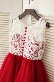 wedding photo - Red Tulle Ivory Lace Flower Girl Dress Children Toddler Dress for Wedding Junior Bridesmaid Dress