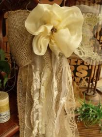 wedding photo - BIG 27" long Burlap Lace Wedding Bow Pew bow chair Shabby Chic Rustic *pale yellow Flower