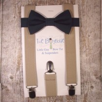 wedding photo - Navy Bow Tie and Suspenders: Tan Suspenders, Toddler Suspenders, Baby, Kids, Wedding, Ring Bearer, Favor, Gift, Winter Wedding, Khaki, Beige