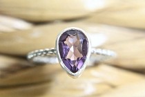 wedding photo - Pear Amethyst Gemstone - February Birthstone - Eco Friendly Sterling Silver Ring - Makes a great Engagement or Promise Ring