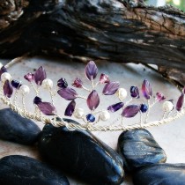 wedding photo - Amethyst Wedding Tiara w Purple and Violet Leaf Beads