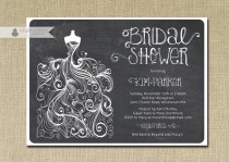 wedding photo - Chalkboard Bridal Shower Invitation Gown Sketch Black White Chalk Classic Wedding Invite FREE PRIORITY SHIPPING or DiY Printable - Kim