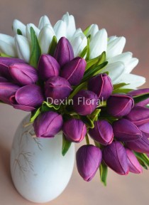 wedding photo - 12pcs+ Natural Real Touch White Purple Pink Artificial Silk Mini Tulips Bunch for Wedding Bridal Bouquets, Centerpieces, Decorative Flowers
