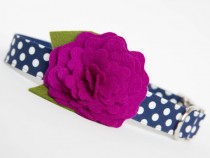 wedding photo - Dog Collar with Flower - Plum Camellia on Navy Polka Dots