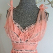 wedding photo - 1950s Coral Gown Lingerie Shelf Bust Nightwear Sheer Straps Glam Hollywood Marilyn Mid Century Bust 34"