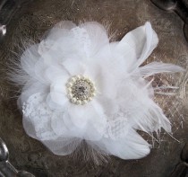 wedding photo - Romantic Lace bridal flower hair clip or comb with rhinestone pearls and feathers