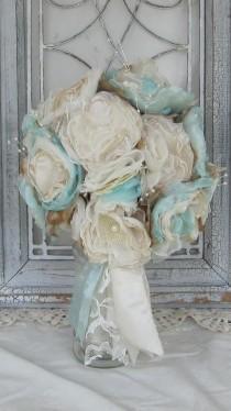 wedding photo -  Burlap  Bouquet Ivory and Robbins Egg Blue by Burlap And Bling Design Studio