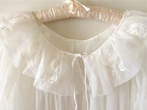 wedding photo - Beautiful White Chiffon Peignoir Short Robe by Lisette, Size Large, 40 " Long, 3/4 Length Sleeves, Ruffled Collar with Flower Rosettes