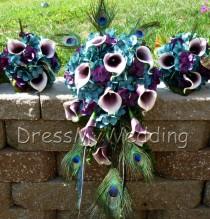 wedding photo - Teal plum hydrangeas, picasso calla lily small bridesmaids bouquet