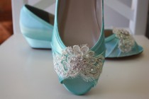 wedding photo - Handmade Lace Wedge Wedding Shoe -Choose From Over 100 Colors - Aqua Blue Wedding Shoes  - Lace Wedding Wedge Bridal Shoe Wedding Wedge