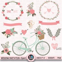 wedding photo - Wedding Invitation Clipart "WEDDING CLIP ART",Floral Bicycle,Banner,Vintage Flowers,Laurel,Flower Basket,Wedding Wreath,Wedding BicycleWf067
