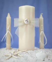wedding photo - Rhinestone Shell Hawaiian Beach Wedding Unity Candle Set -  35105