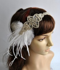 wedding photo - 1920's rhinestone feather flapper headband, Bridal Head Piece, Flapper, Great Gatsby, rhinestones Crystal ribbon bridal wedding Headband