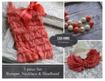 wedding photo - Coral Lace Romper Set  Chunky Necklace & Headband Cake Smash 1st Birthday Wedding outfit Spring Easter Outfit Petti Romper Baby Girl Romper