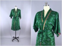 wedding photo - Silk Robe / Silk Sari Robe / Silk Kimono Robe / Vintage Indian Sari / Silk Dressing Gown Wedding Lingerie / Boho Bohemian Green Floral Print