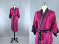 wedding photo - Silk Robe / Silk Sari Robe / Silk Kimono Robe / Vintage Indian Sari / Silk Dressing Gown Wedding Lingerie / Boho Bohemian / Pink & Blue Ikat
