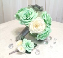 wedding photo -  Mint green, grey and ivory handmade paper Rose bouquet and boutonniere, Can be made in any colors, Keepsake toss bouquet,Bridesmaid bouquet