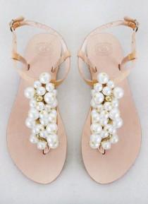 wedding photo - Wedding Shoes - Handmade Sandals, Decorated With Pearl And Gold Beads