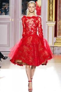 wedding photo - Best Selling Zuhair Murad Cocktail Dresses Lace Applique Red Beautiful Long Sleeves Knee Lace Short Short Prom Dress Online with $92.73/Piece on Hjklp88's Store 