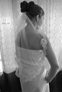 wedding photo - Single Tier Partial Lace Elbow Length  - Ivory or White Wedding Veil