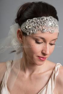 wedding photo - 1920s Flapper Style Bridal Hairband, Rhinestone Great Gatsby Tulle Tie On Headband, Wedding Headband - Valentina