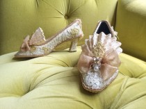 wedding photo - HOLD for Amy: Marie Antoinette Style Rococo Baroque Fashion Costume Fawn Beige Ivory Lace Heel Shoe Bridal Shoes Gold Appliqué and Pearls