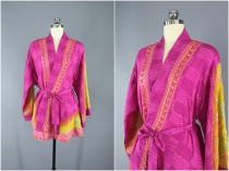 wedding photo - Silk Kimono Cardigan / Kimono Jacket / Vintage Indian Sari / Short Robe Dressing Gown Wedding / Boho Bohemian Pink Yellow Floral Embroidered