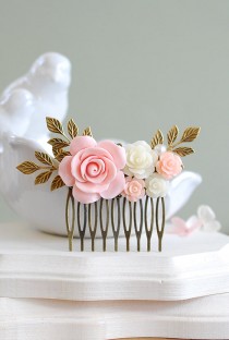 wedding photo - Pink Rose Hair Comb Ivory Rose Hair Comb Pink and Ivory Wedding Hair Accessory Bridal Hair Comb Leaf Hair Comb Vintage Style Country Chic
