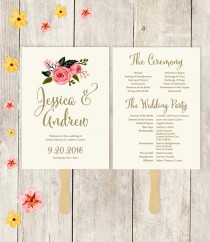 wedding photo - Wedding Program Fan Printable / Wedding Fan / Watercolor Flower, Gold Calligraphy, Pink Rose on Cream / DIY Fan ▷Printable PDF