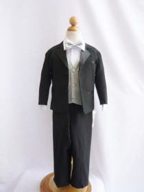 wedding photo - Tuxedo to Match Flower Girl Dresses Color in Black with Silver Vest for Toddler Baby Ring Bearer Easter Communion Bow Tie