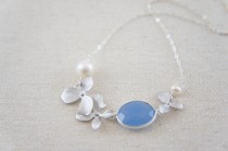 wedding photo - Silver orchid flower necklace with periwinkle blue Chalcedony with pearl