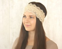 wedding photo - Stretch Lace Headband Adult Lace Headband Camel Light Brown Headband Wedding Bridesmaid Gift